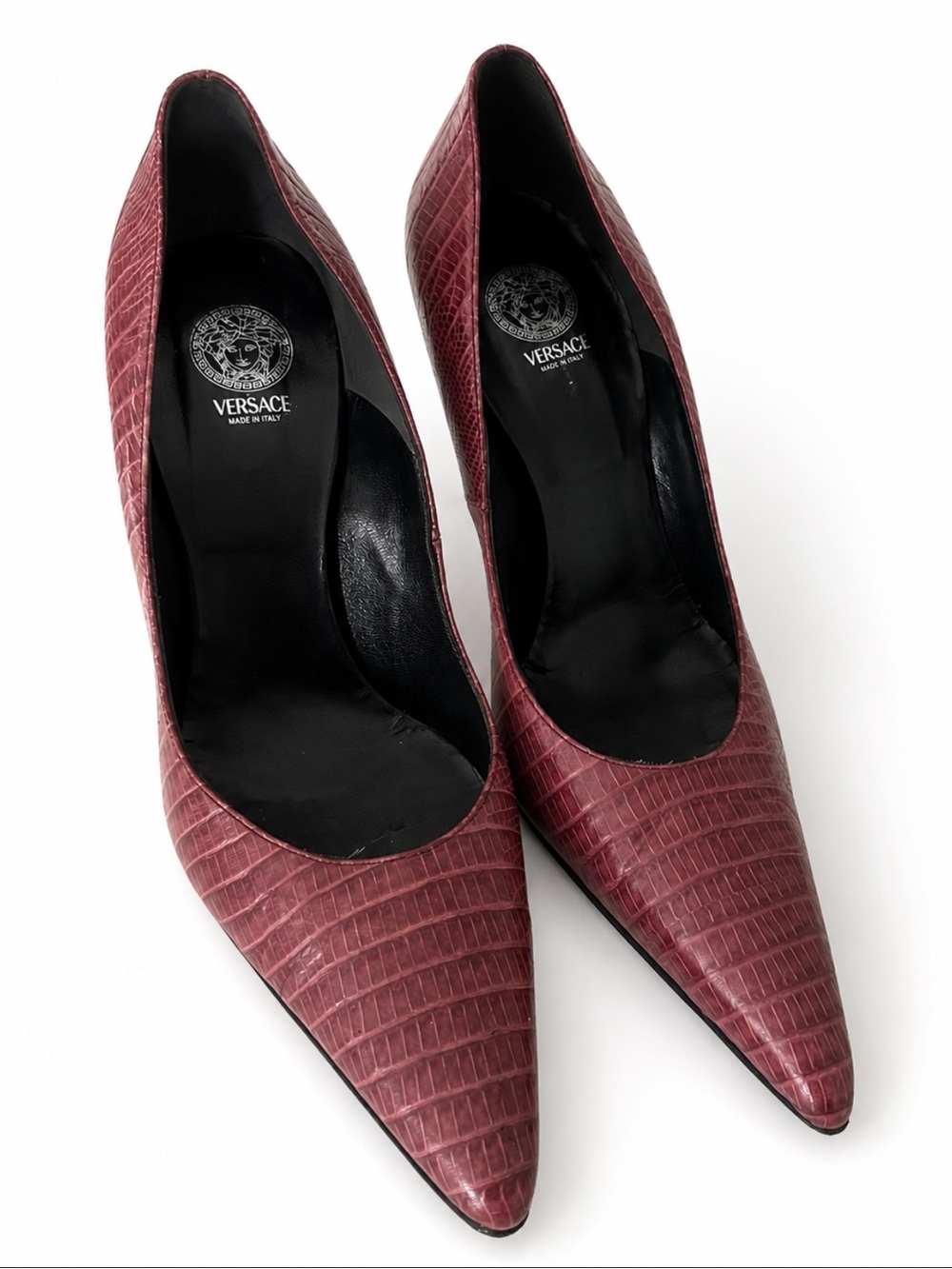 Authentic Vintage Versace Croc-Embossed Leather Pointed-Toe Pumps - Burgundy